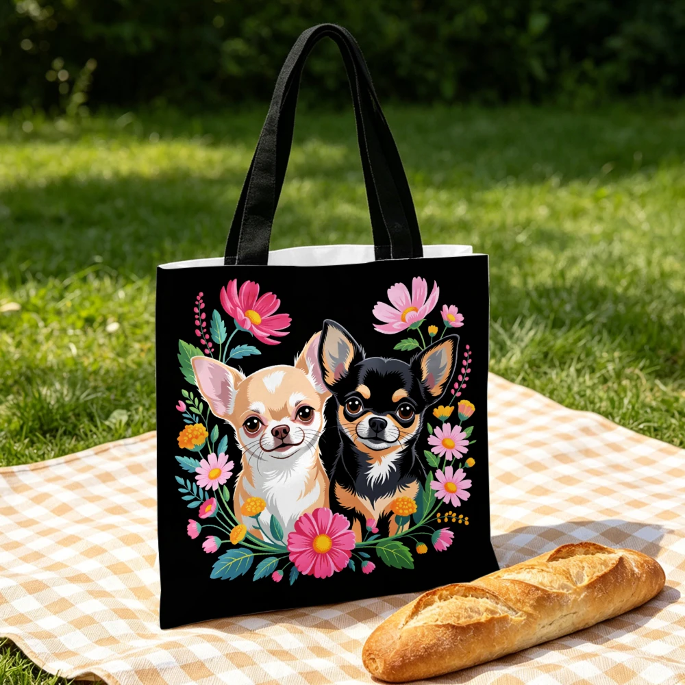 Sac à main imprimé chien chihuahua, sacs fourre-tout à motif floral noir et trousse de maquillage, combinaison pour le shopping et les voyages, pochette portable
