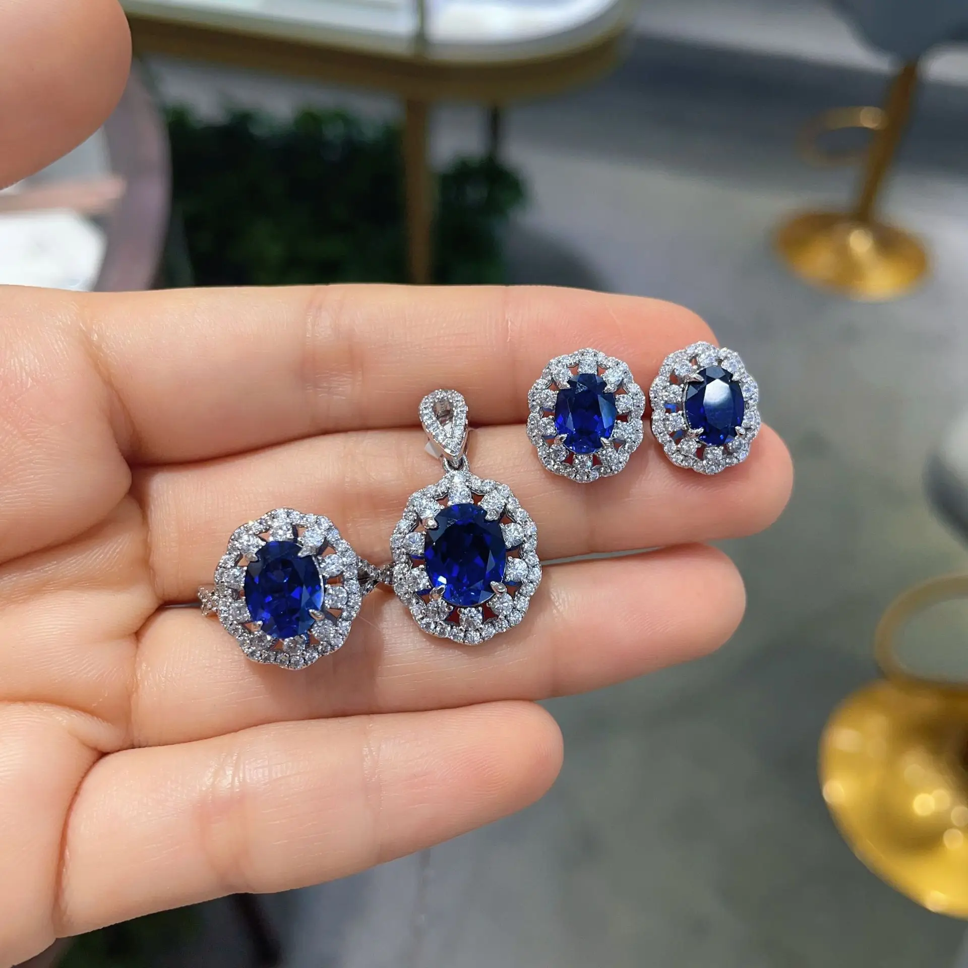 S925 Silver Lab Grown Sapphire Jewelry Set, 1.5-3CT Oval Ring Pendant Earrings, Cultured Gemstone Suite