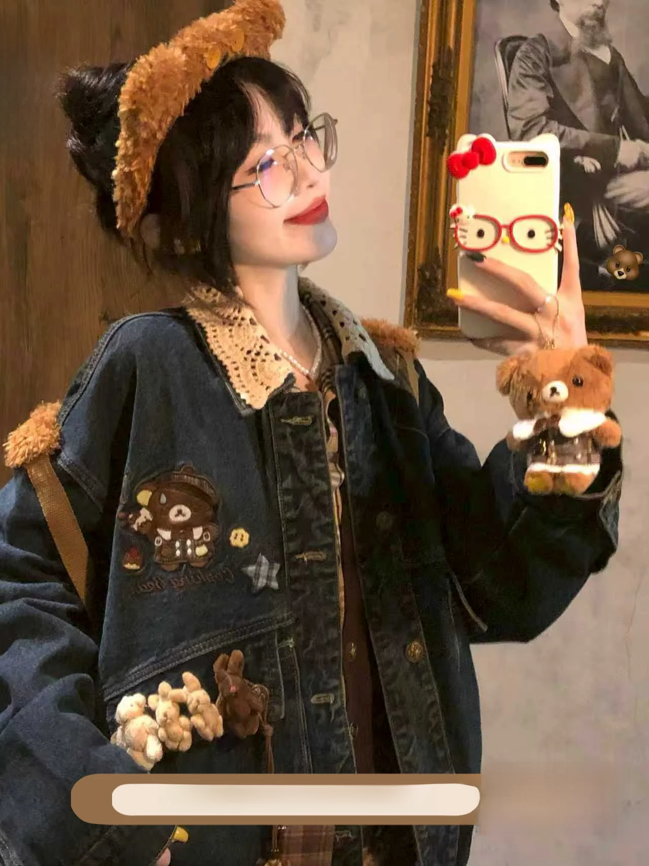 

Faionable Lazy Bear Embroidered Bear Double Layer Collar Fce Jaet Women's Loose Fit Long Sve Cotton Coat Autumn