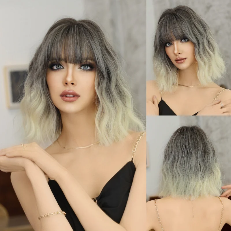 

Women's short wavy wig, full headpiece, silver-white gradient dye, Korean and Japanese style, with straight bangs