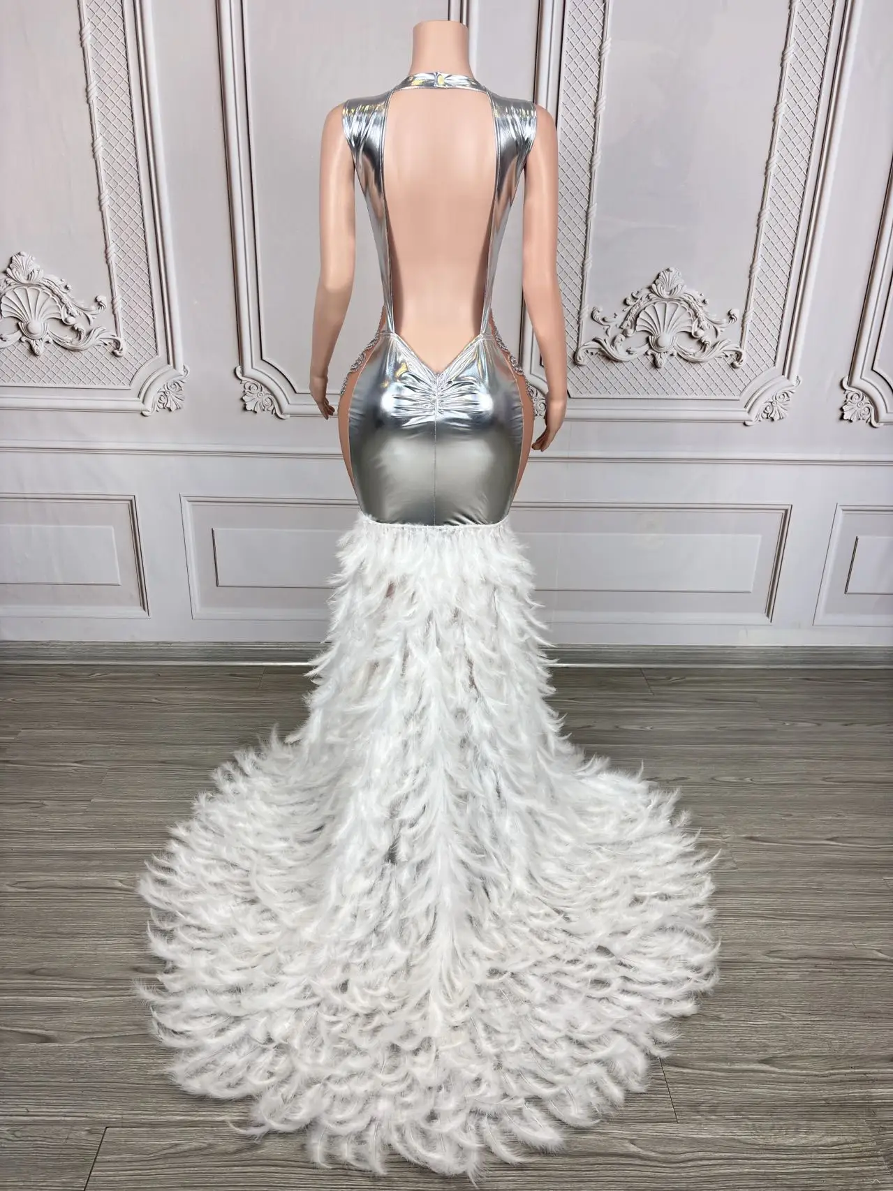 Tengyun Elegant Rhinestones Pearls Feathers Gown Women Sexy Sheer Mesh Party Celebrate Wedding Evening Dress Photo Shoot Wear