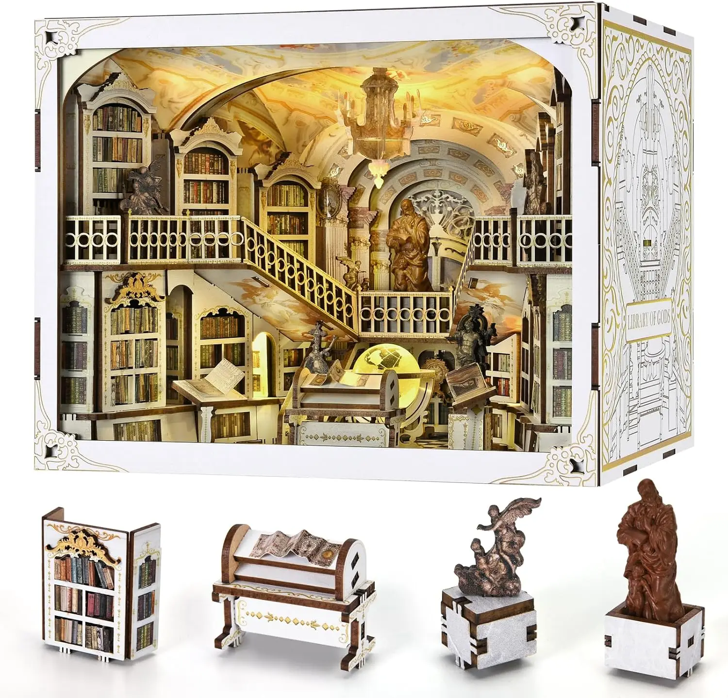 Library of Gods Book Nook Kit, DIY Wooden Bookshelf Model with LED | 7.1 x 9.1 x 7.1 in; 314-piece DIY kit with LED and dust cov