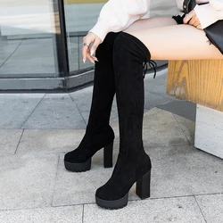 Comemore-Bottes de chevalier serrées pour femmes, talons hauts en daim, botte longue commandée, semelle optique, peluche chaude, botte au genou, tendance, hiver, nouveau, 2023