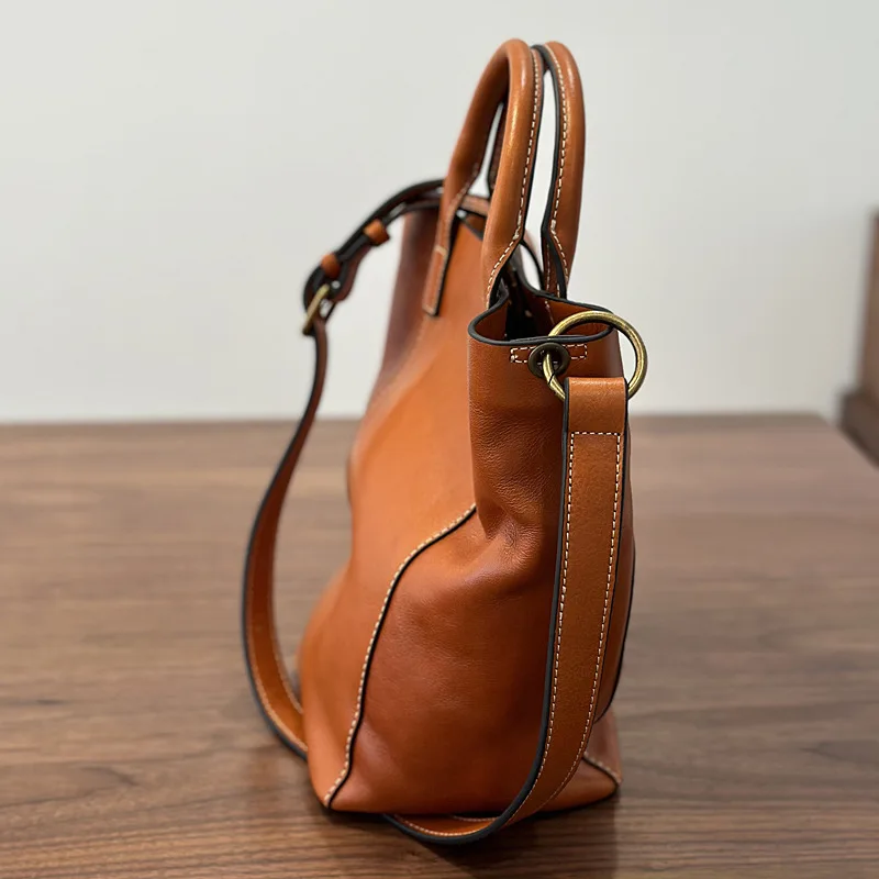 First layer leather simple leather mother and child bag retro casual bucket bag Korean version portable shoulder messenger bag