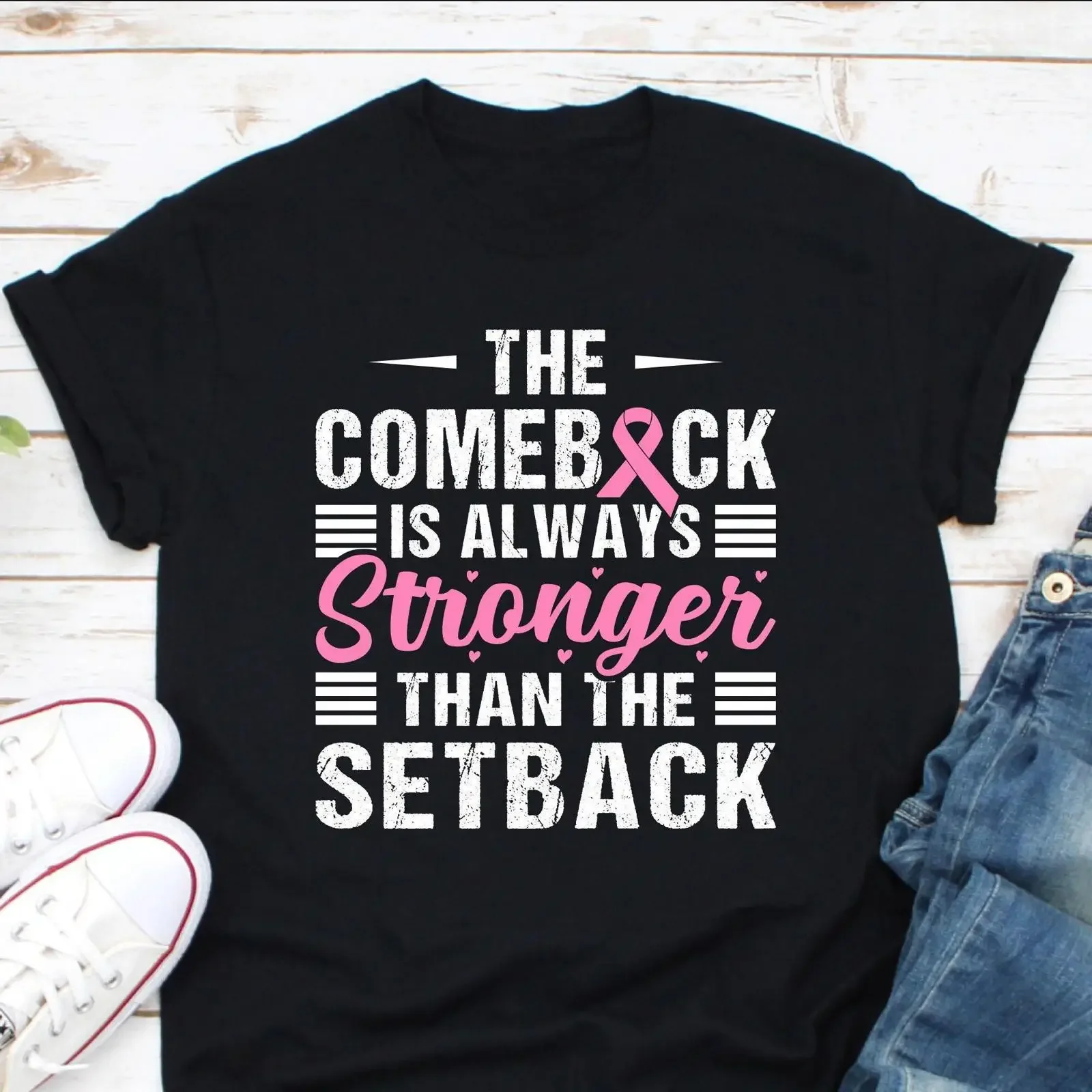 The Comeback Is Always Stronger Than Setback Breast Cancer Awareness T Shirt Pink Ribbon Fight Walk  vintage Washed fashion