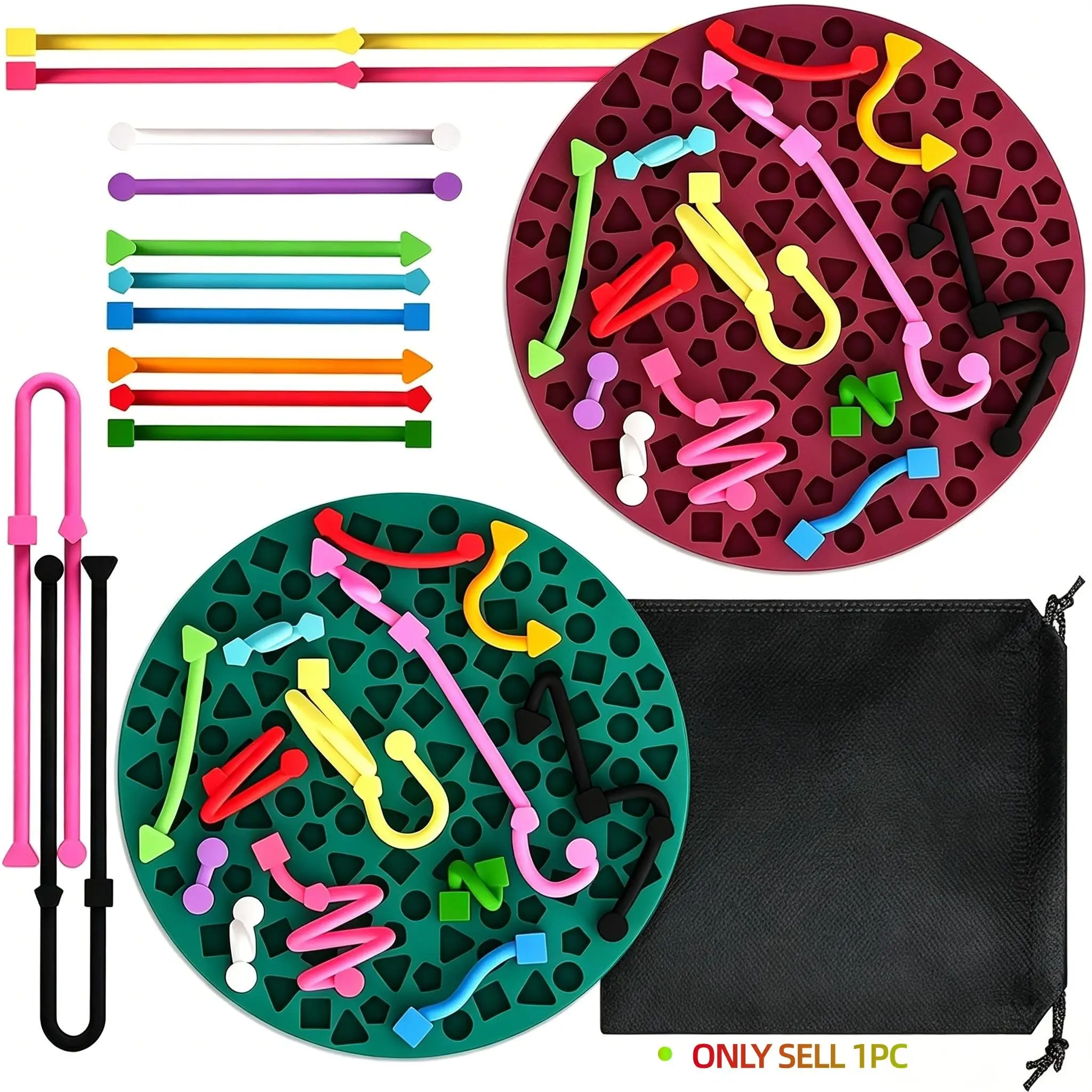12 Strings Silicone Pull String Sensory Board, Quiet Fidget Toy, Food-Grade, Travel Toy with Storage Bag