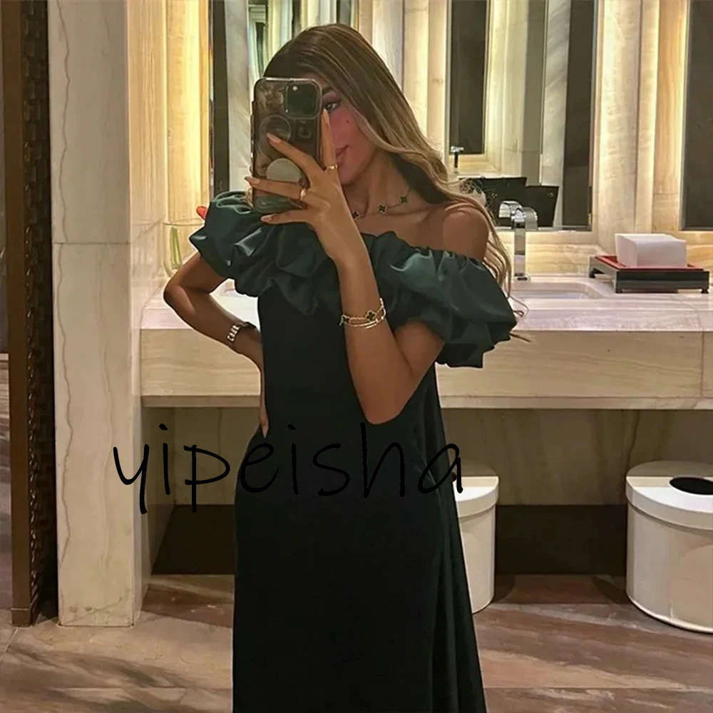 Customized Elegant Green Satin Prom Dress Pleat With Sweep Train Off The Shoulder Ankle Length Special Party Evening Dresses