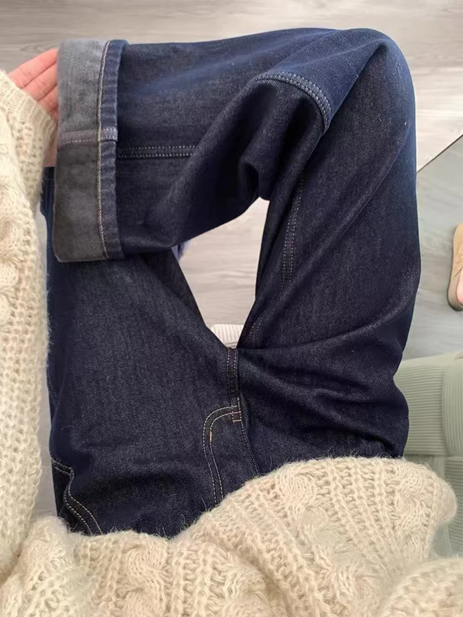 

Джинсы женские больших размеров на флисовой подкладке, осенне-зимние, свободные, с высокой талией, прямые, широкие штанины