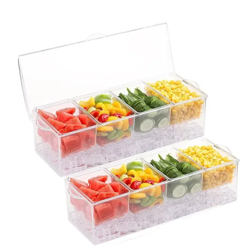 Plastic Transparent Fruit Condiment Server Chilled Service Ice Tray Acrylic Chilled Condiment Box with 5 Containers