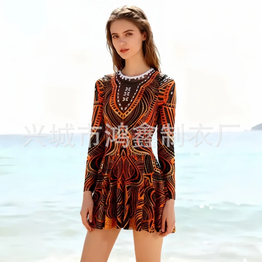 Women's Mesh Long-Sleeve One-Piece Swimsuit Padded Wireless Bodysuit Skirt-Style 2026 New Arrival