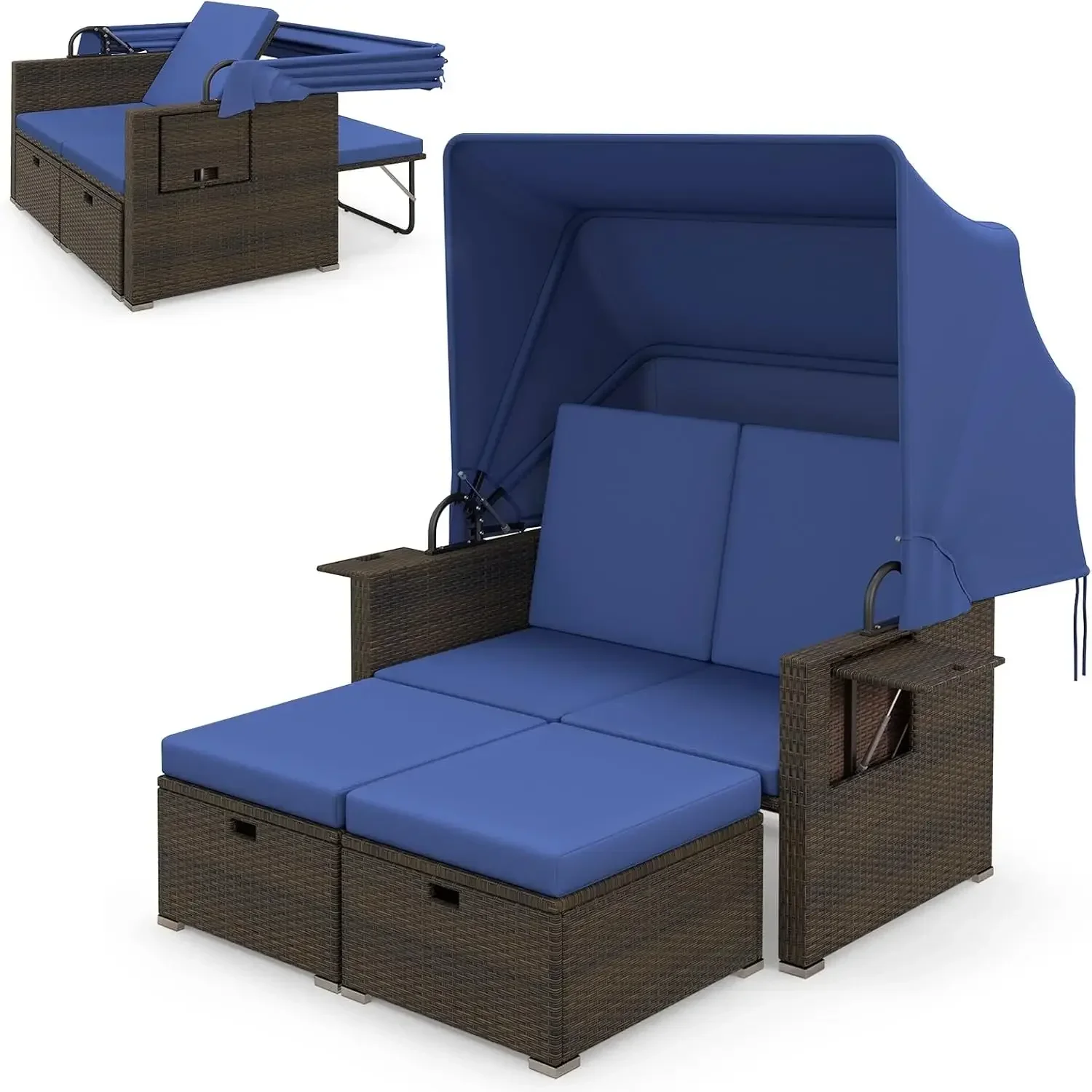 

Wicker Outdoor Daybed with Canopy - Rattan Loveseat Sofa Set w/Storage Ottomans, Adjustable Back,2-Seater Patio Daybed