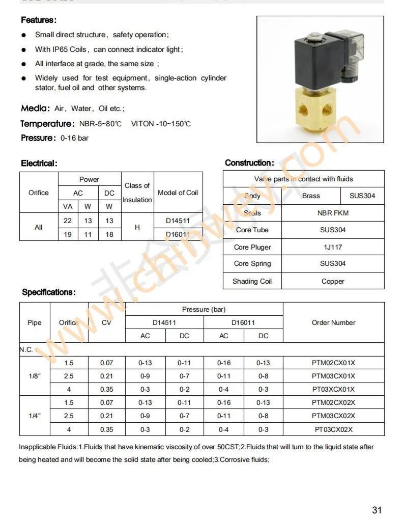 1/4 in PT series Two-position three-way 2/3 small direct acting Solenoid Valves