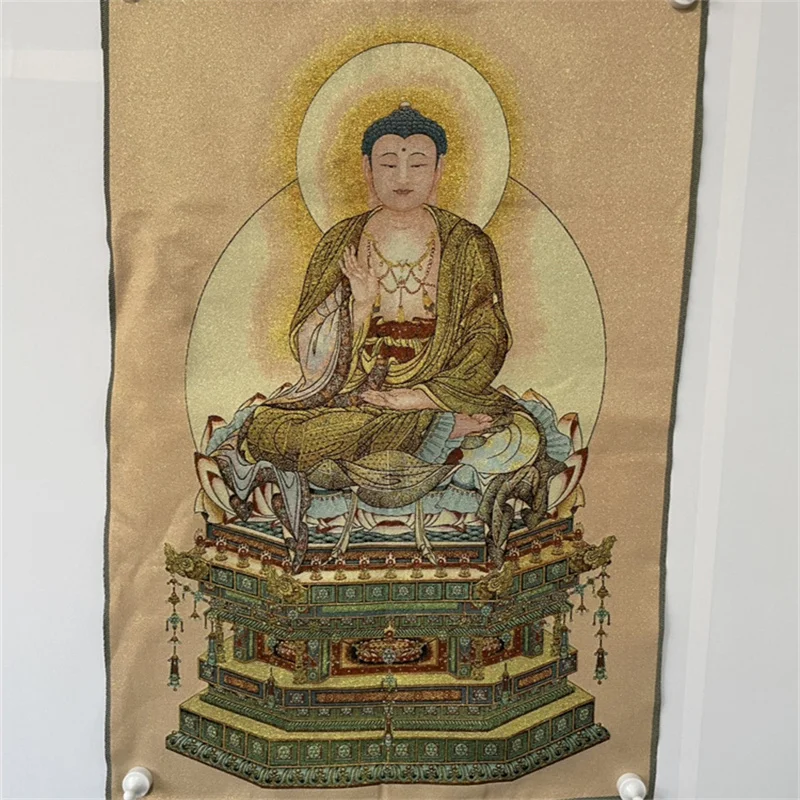 Chinese Antique Silk Brocade Tangka Painting - Embroidery Wall Art Buddha Statue Buddhist Style Home Decor
