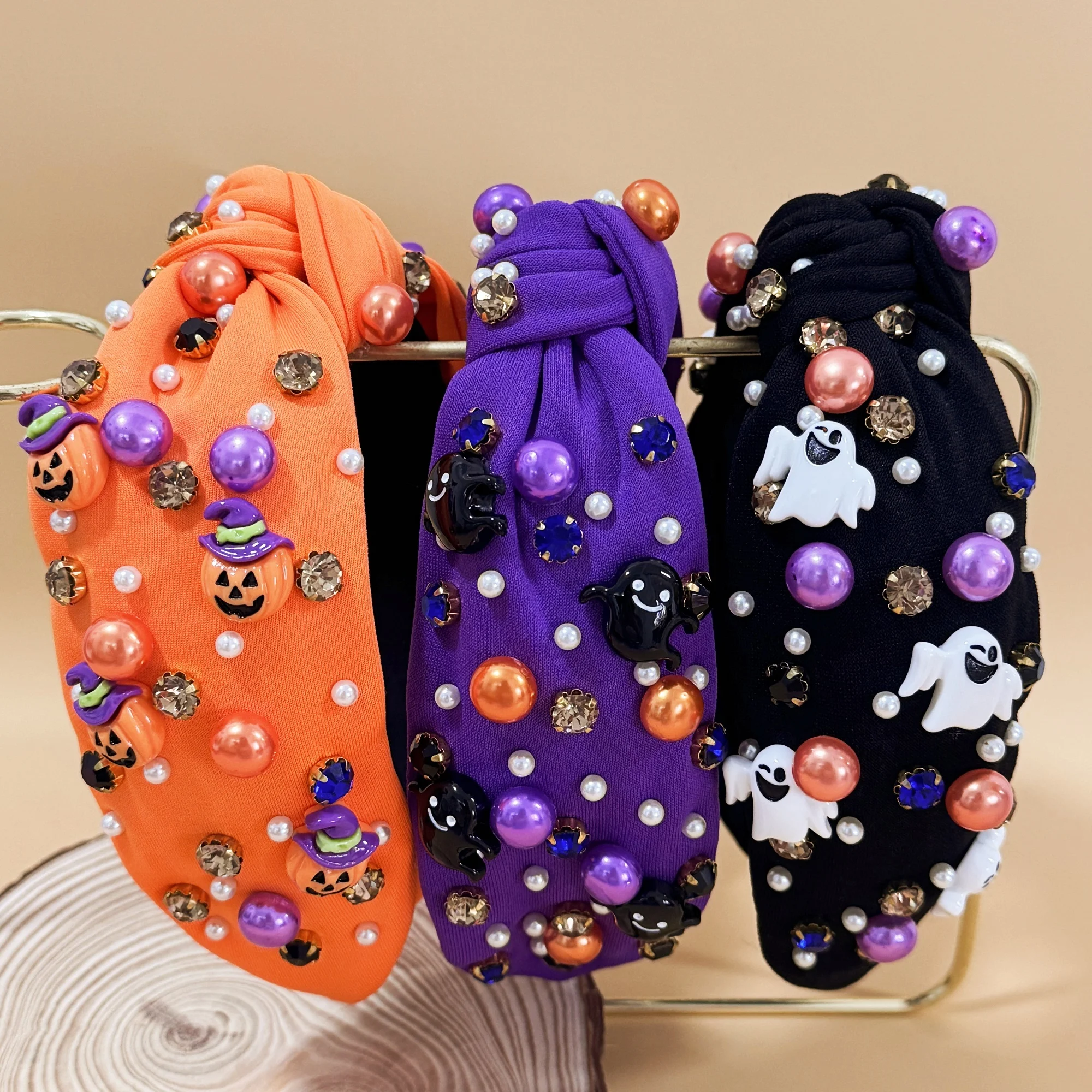 1PC Crystal Headbands for Women Girls Halloween Pearl Headband Party Demon Pumpkin Hairbands Children Kids Hair Accessories