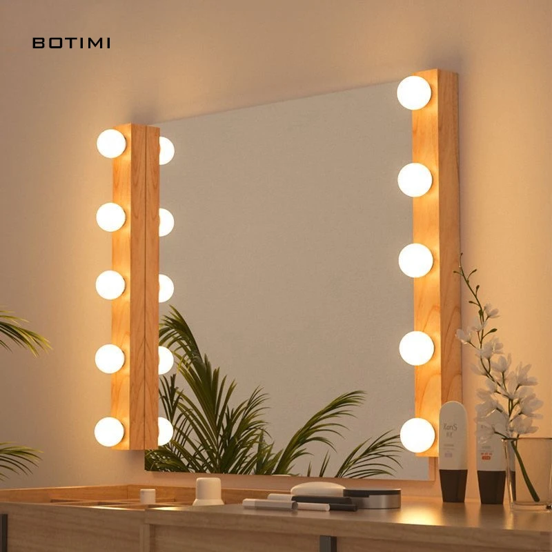 BOTIMI Mirror Wood Wall Lamp For Dressing Room Bedside Nordic Wall Sconce Wooden Base Glass Lampshade Wall Aisle Lights