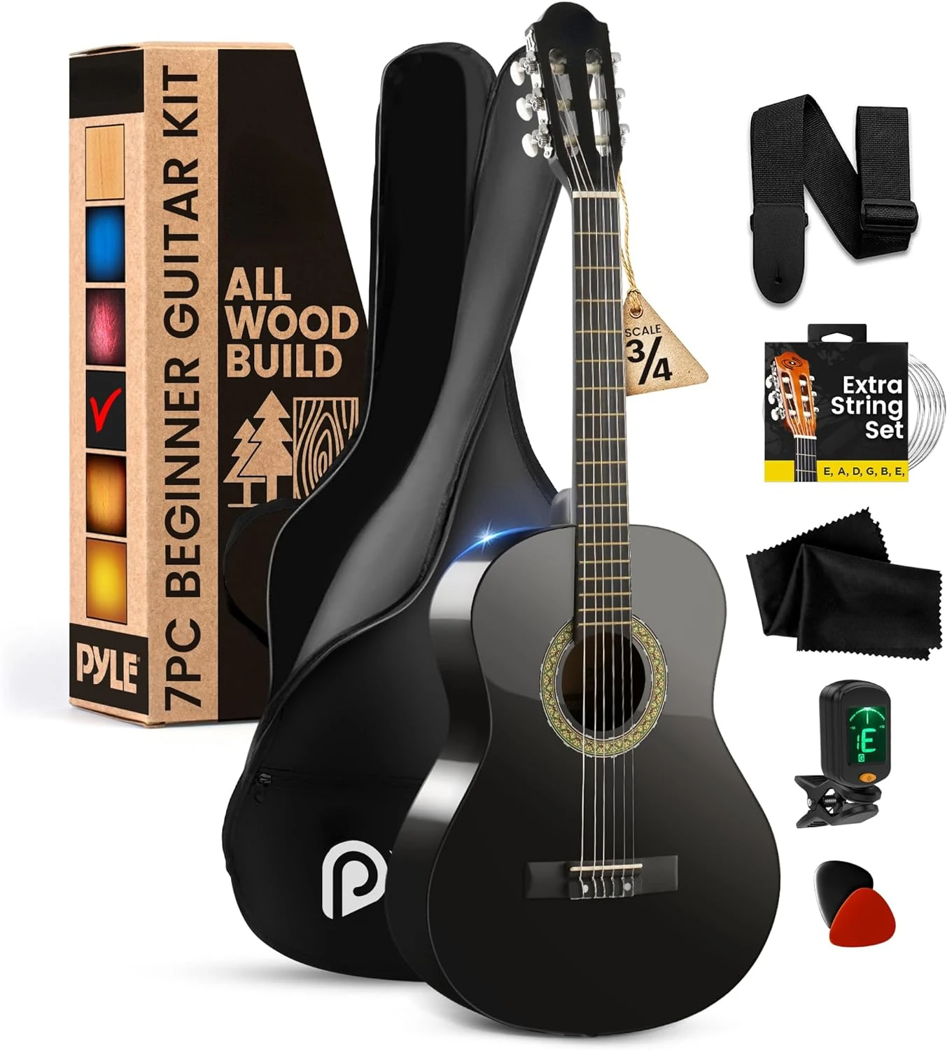 

Beginner Acoustic Guitar Kit, 3/4 Junior Size All Wood Instrument for , Adults, 36" Natural Wood Gloss Bass guitar strings Pick