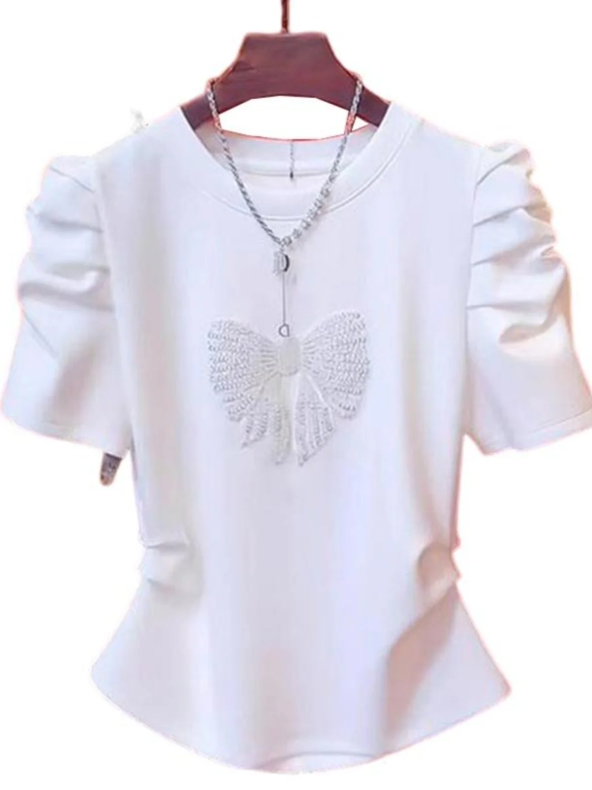 

Summer New Faion Casual ort Sve round Ne Embroidered Waist T-irt Women's Top Sli Versatile Breathable Comfortable