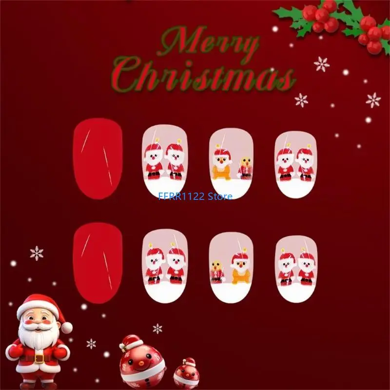 Y1uf 24 pezzi Pressa Natale unghie corti False Nails Babbo Natale unghie artificiali Copertina piena unghie per