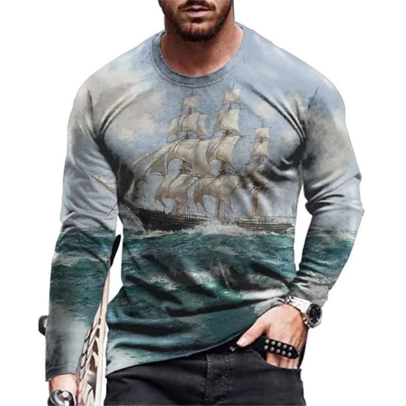 Vintage Sailboat Graphic T-shirt For Men Fashion Casual O Neck 3D Printed Long Sleeve T Shirts Trend Streetwear Oversized Tees