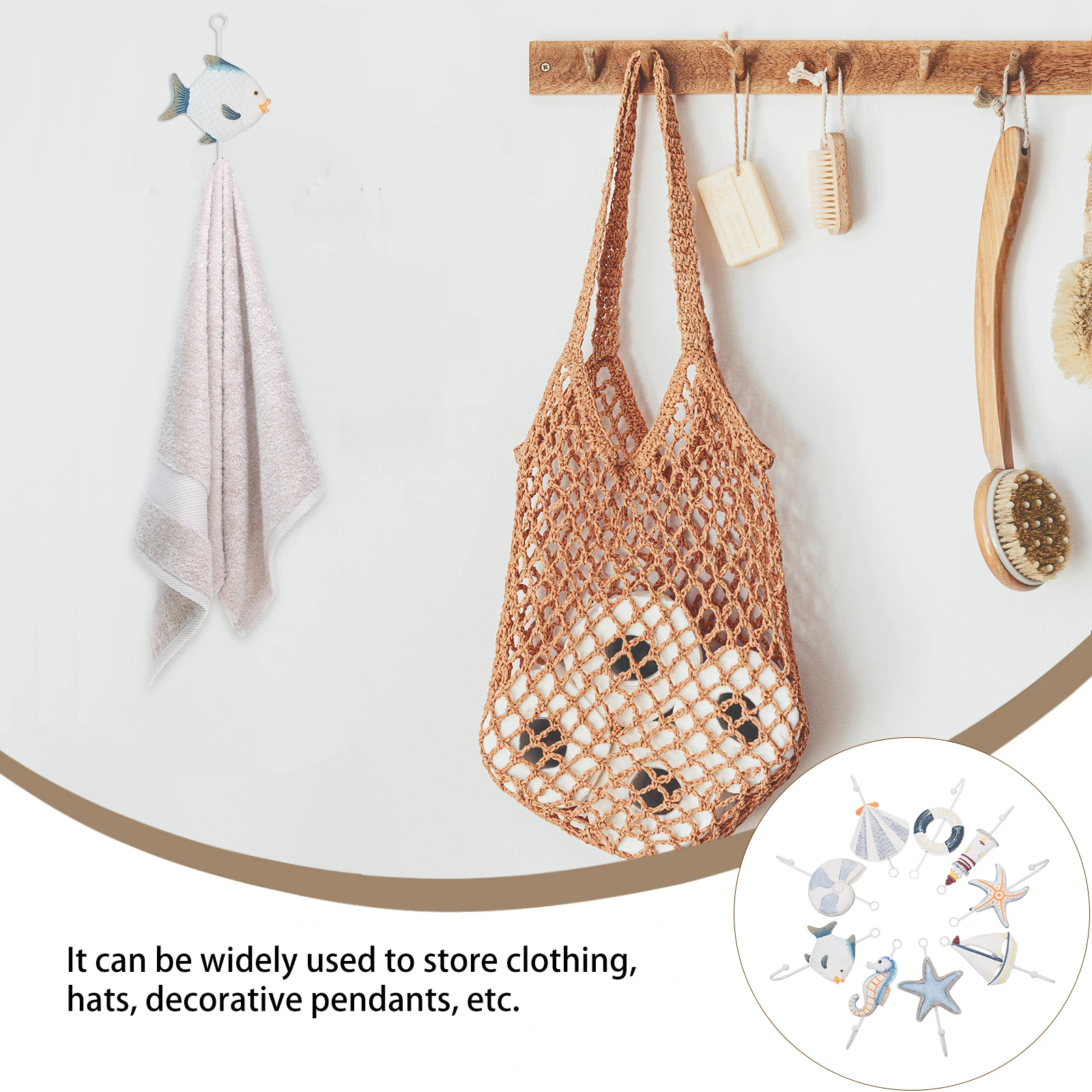 

9pcs 9 Retro Hooks Mediterranean Style Wooden Creative Hooks Hangers Household Coat Storage Accessories Multi-function