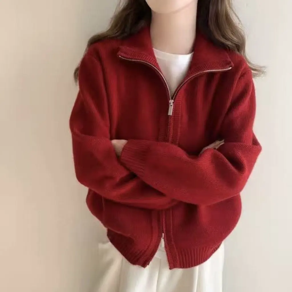 

Women's Korean Style Knitted Cardigan Loose Fashion Simple Solid Color Double Zipper Sweater Jacket Casual Autumn Winter