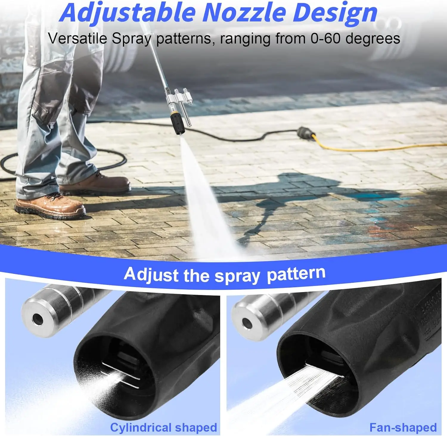 Three-in-one Adjustable Downstream Soft Wash Nozzle Stainless Steel M5 Twist Tip 1/4'' Quick Connect 0 60 Spray Pattern