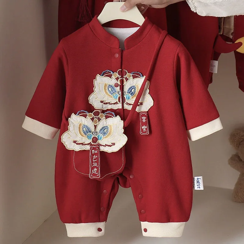 

2Piece Sets Autumn Baby Girl Stuff Chinese Style Embroidery Cute Red New Year Long Sleeve Jumpsuits+Bag Newborn Boy Clothes B290