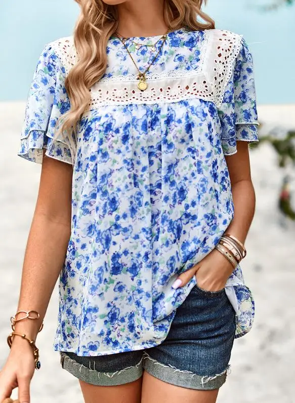 

2026 Spring and Summer New Women's Lace Short Sleeve Slim Fit Versatile Holiday Printed Top