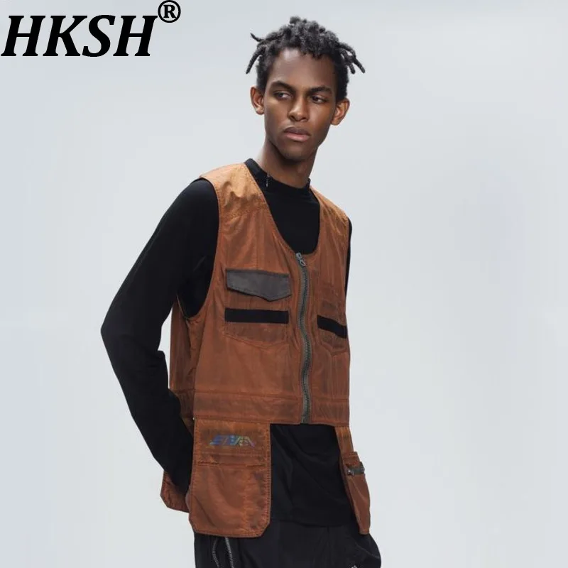 

HKSH Autumn New Men Tide Punk Pocket Safari Style Sleeveless O-Neck Vest Techwear Color Contrast Waistcoat Women Ins Top HK17148