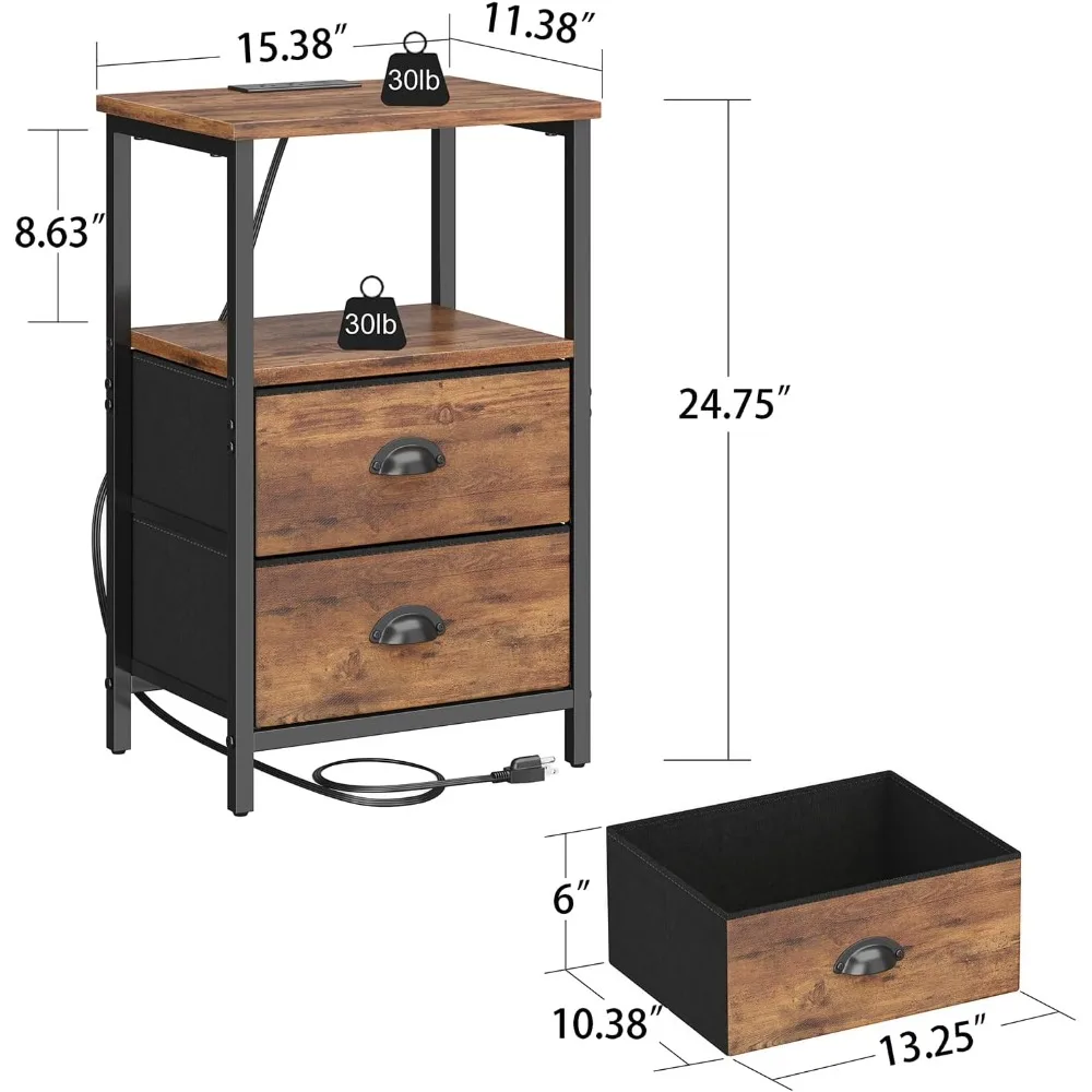 زوج من طاولات النوم الصناعية ذات الطراز العتيق مع أدراج قماشية، وحدة تخزين متعددة المستويات، وإضاءة LED، ومنفذ شحن