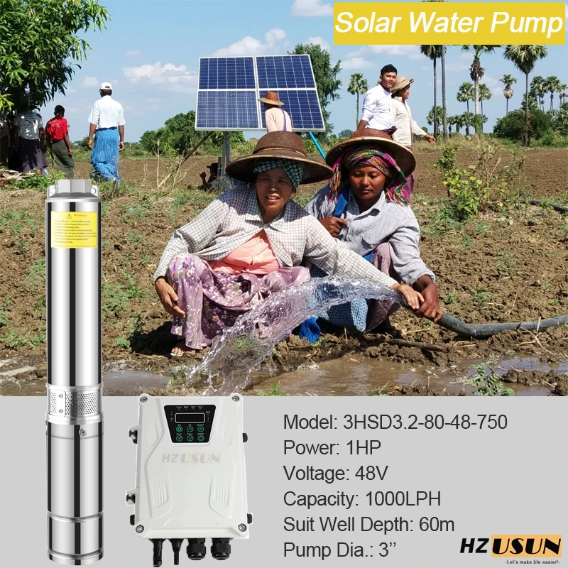 HZUSUN Solar Powered DC Well Pump Kits for Farm Cattle Powerful Home 1 HP Solar Cell Submersible Borehole Pump Controller Price