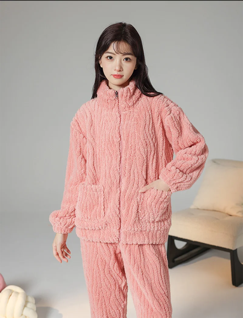 Женские теплые удобные плюшевые толстые коралловые бархатные женские большие размеры однотонные розовые светло-зеленые белые пижамы домашние костюмы