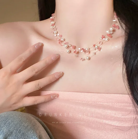 Summer Dopamine Pink Pearl Bead Necklace With Women's Fashion Sense, Collarbone Chain With Niche Design, Sweet Accessory