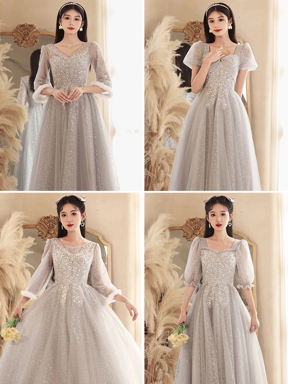 4 Styles Grey Tulle Bridesmaid Dress Women's Elegant Sequins V-Neck Puff Plush Edge Sleeves Lace Up Birthday Party Vestido