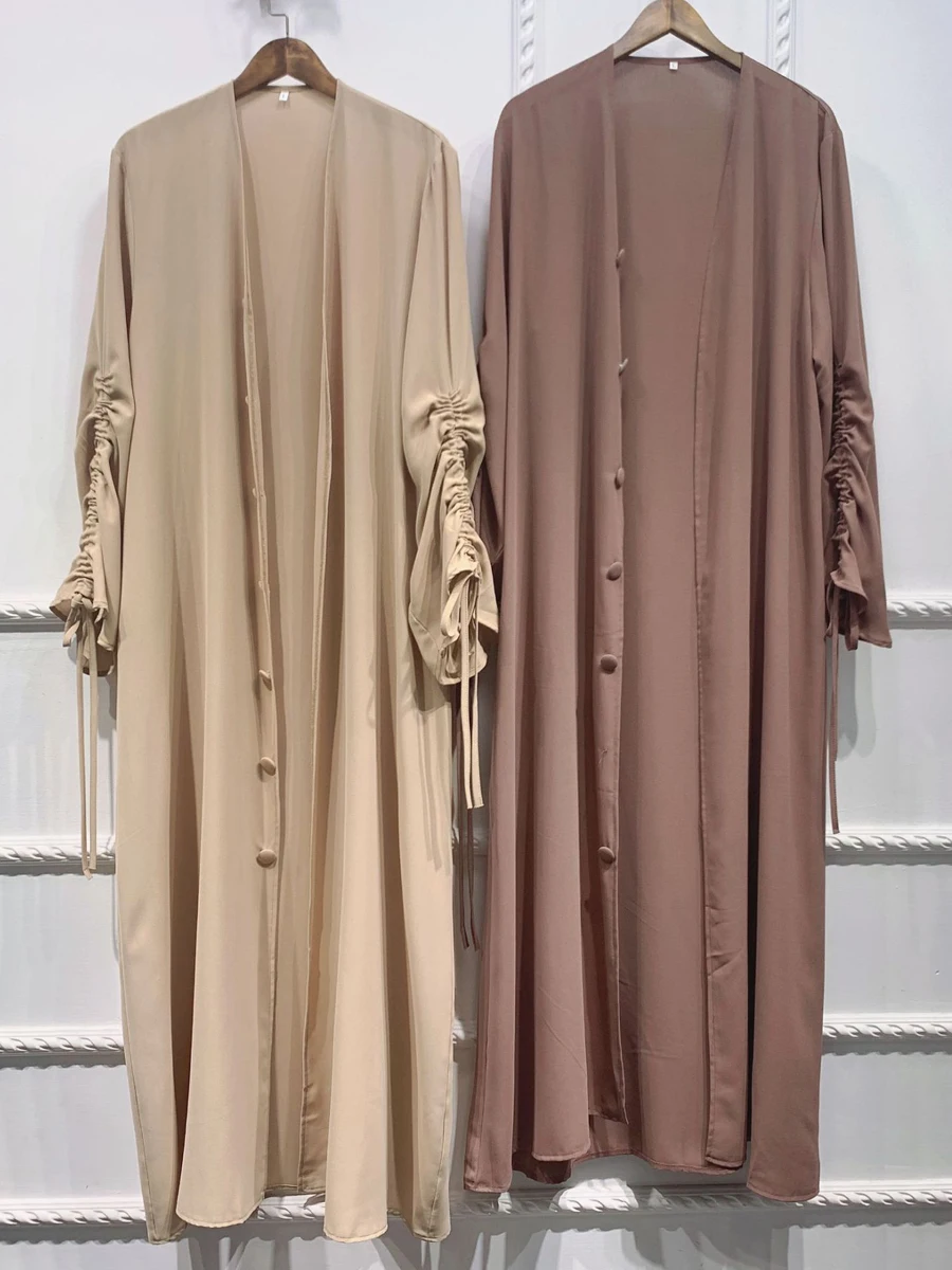 Ruched Sleeves Dubai Abaya Open Front Kimono Islamic Clothing Muslim Women Ramadan Eid Hijabi Robe Kaftan Turkish Modest Outwear