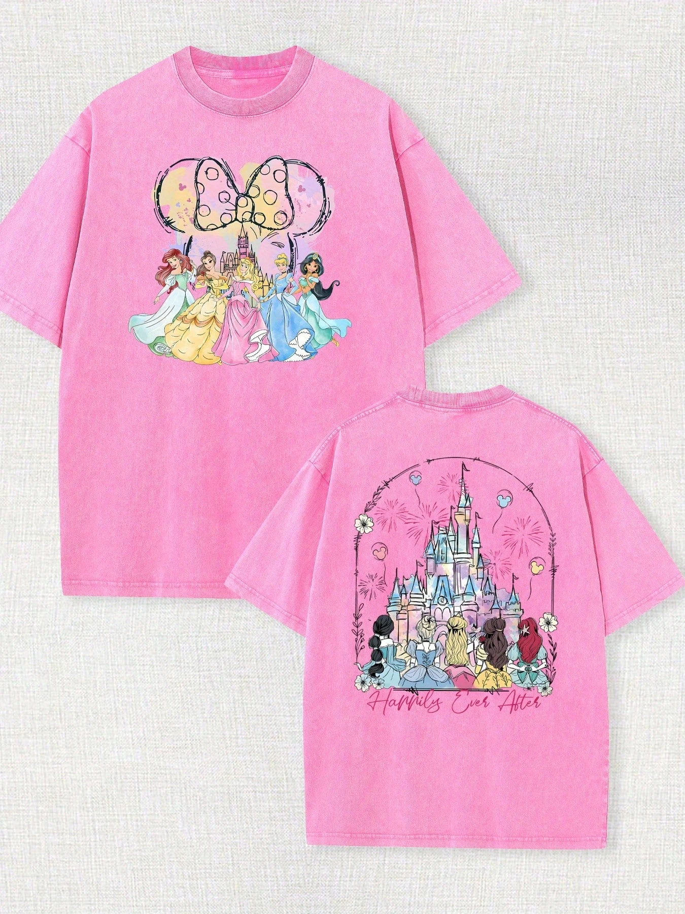 

Замок счастливой принцессы Диснея с фейерверком, розовая футболка с принтом тай-дай из чистого хлопка, 230 г, винтажная одежда унисекс