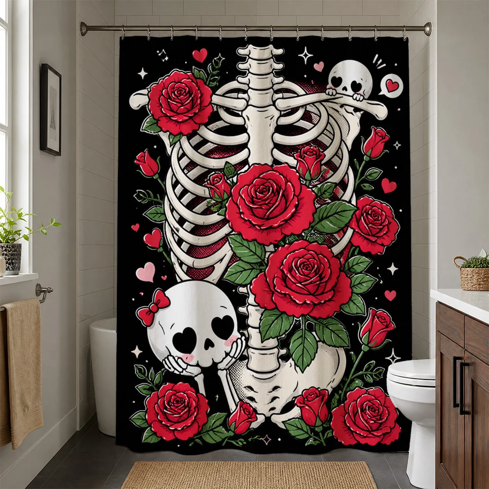 Waterproof Gothic Skeleton Roses Shower Curtain Bathroom Decor Floral Skull Art Liner Alternative Punk Style Curtain
