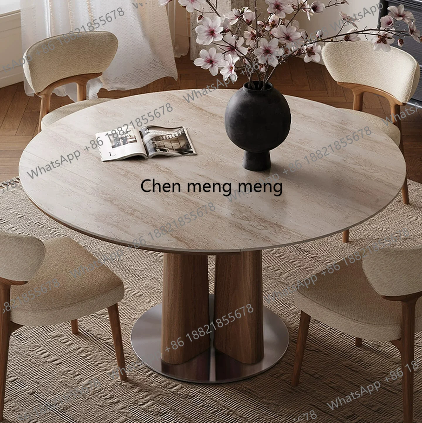 

Fangyuan dual-purpose travertine rock slab dining table household folding variable round table medium antique dining table