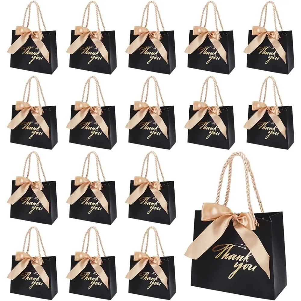 

24 шт. Подарочные пакеты с благодарностью, черные бумажные подарочные пакеты, горячее тиснение, вечерние сувениры с лентой для деловых покупок, свадьбы