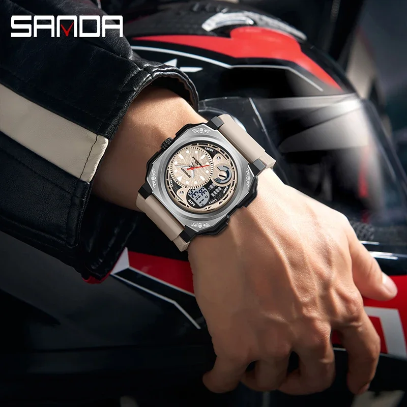 SANDA SD5101 موضة جديدة للرجال ساعة إلكترونية مقاومة للماء للصدمات رياضية مضيئة التقويم الساعات الرقمية للرجل