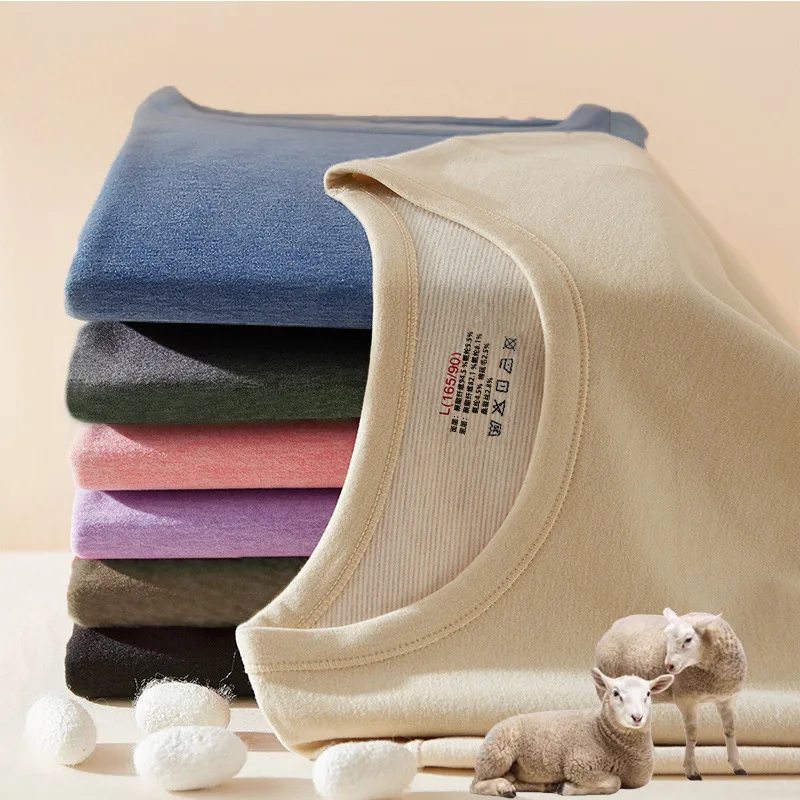 Wool Silk Thermal Underwear Set Double-sided Cashmere Long Velvet Fleece Plus Cashmere Thick Autumn Winter for Men Women Warm Un