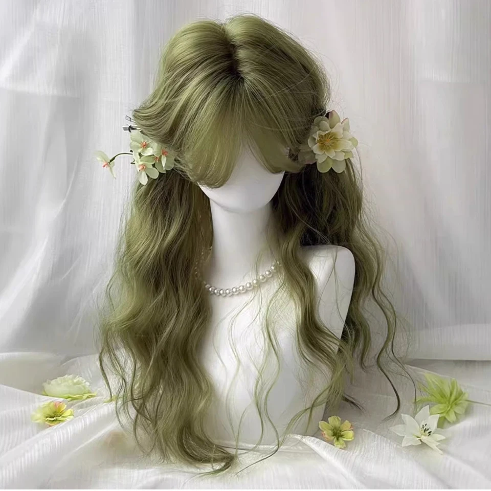 Green Cosplay Wig With Bangs Synthetic Long Wavy Curly Hair 24 Inch Long Heat-Resistant Wig For Women
