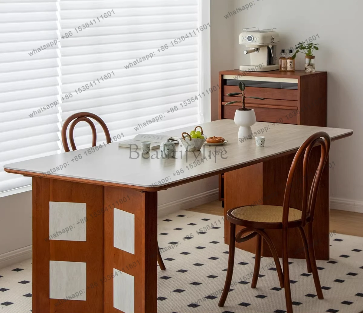 Medieval travertine rock slab dining table long French retro solid wood cream wind cherry wood