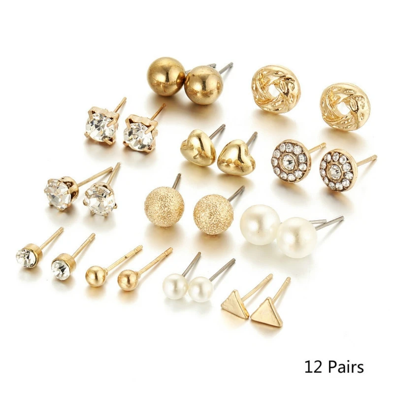 12 Pairs/set Women Fashion Stud Earrings Zircon Crystal Heart Triangular Round Earrings For Women