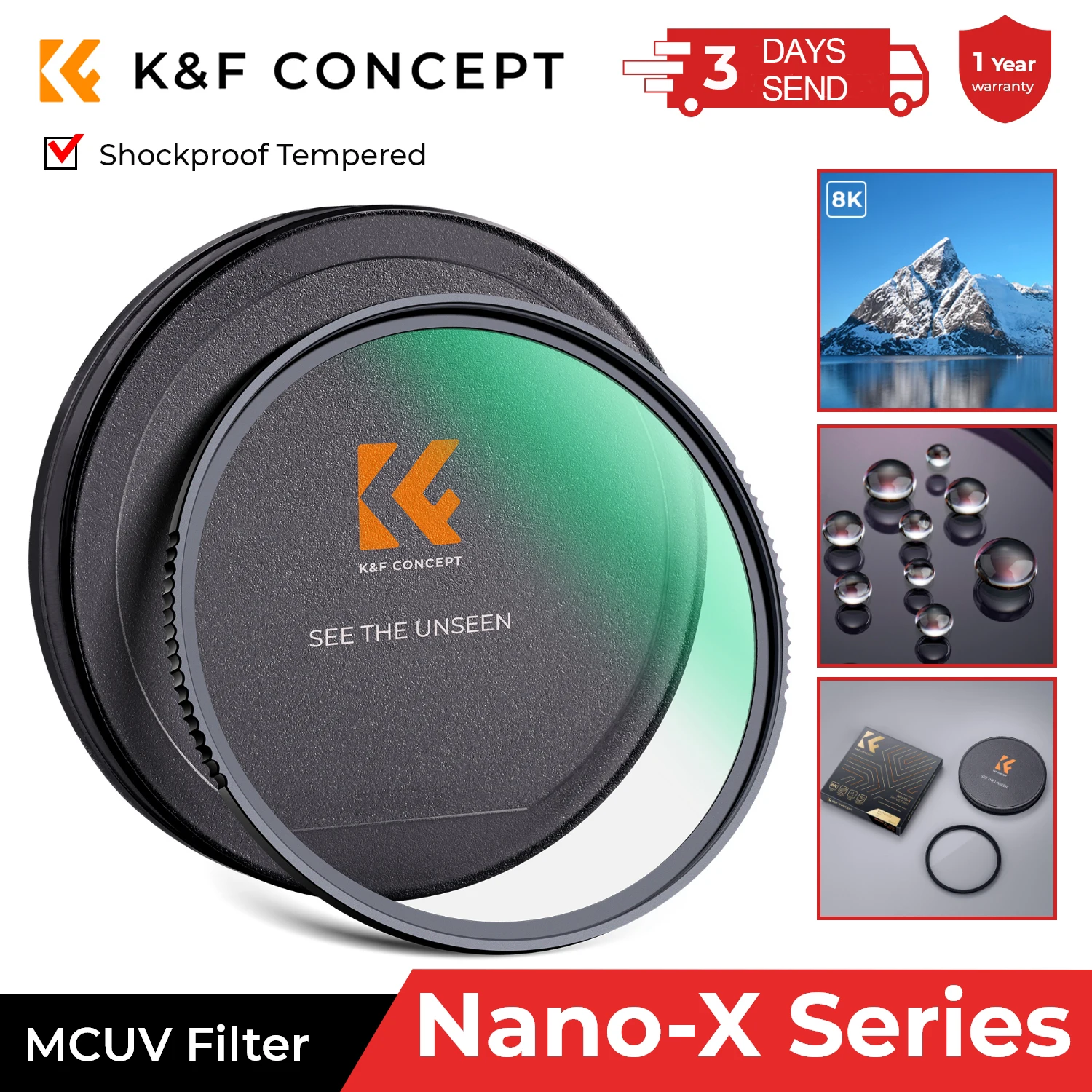 K&F Concept Nano X MC UV Filter Tempered Glass Camera Lens Filters with Multi Coatings 49mm 52mm 58mm 62mm 67mm 77mm 82mm NANO X