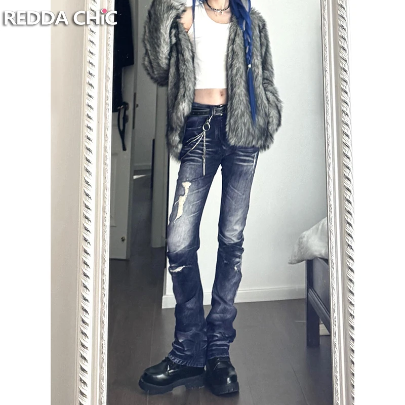 

Женские рваные джинсы ReddaChic в стиле ретро Gyaru, винтажные, с эффектом потертости, облегающие, с низкой посадкой, стрейч, джинсовые брюки в стиле Harajuku Y2K Streetwear