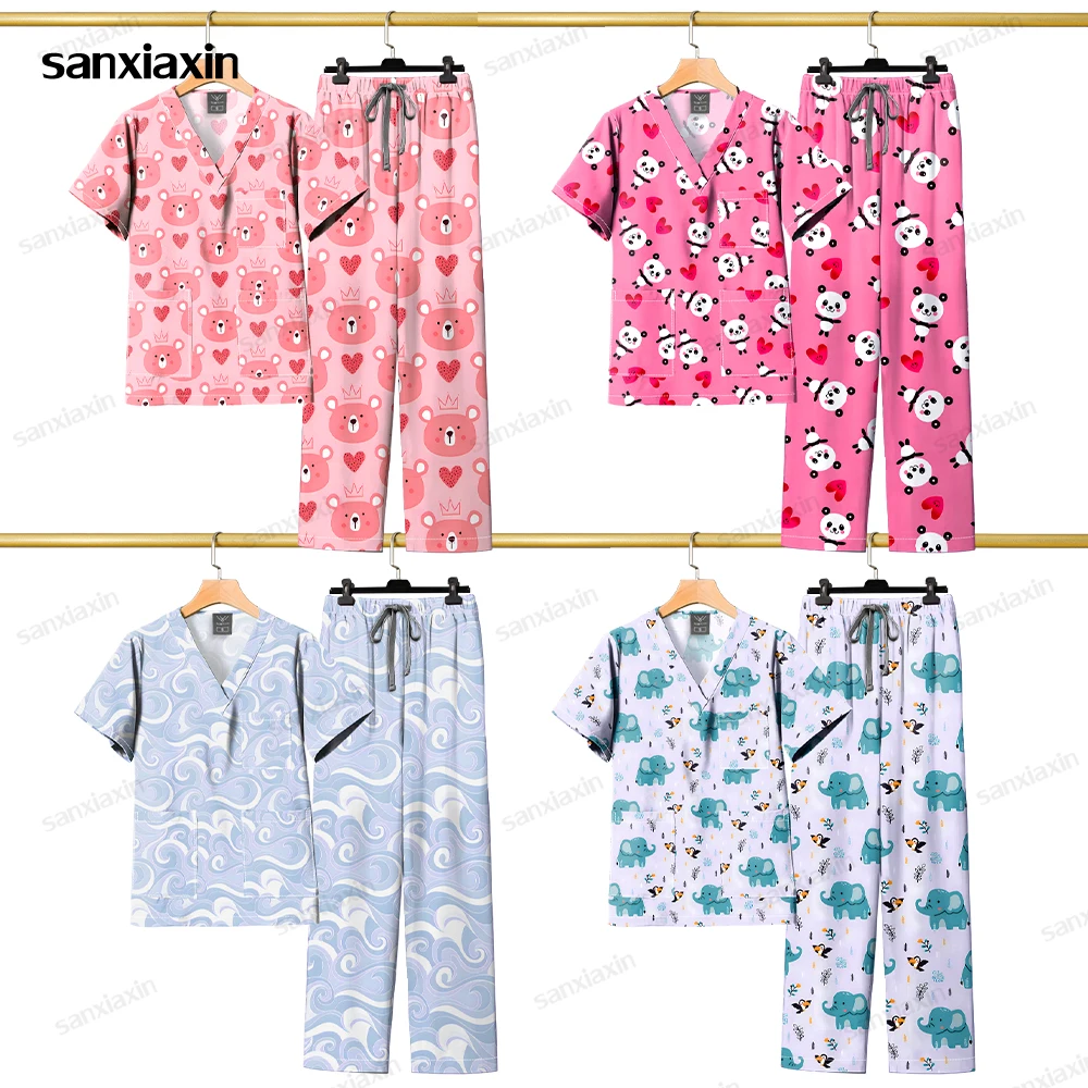 

New Scrubs Set Medical Uniforms Stretch Scrub Tops with Pocket Pants Nurse Uniform Doctor Surgery Overalls Beauty Salon Workwear