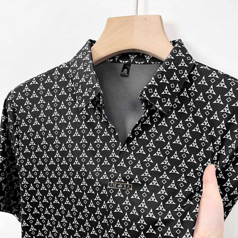 High-end Ice Silk Short-sleeved T-shirt Designer Scissor Collar Fashion Print Polo Shirt Business Casual Anti-wrinkle Tops