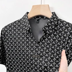 High-end Ice Silk Short-sleeved T-shirt Designer Scissor Collar Fashion Print Polo Shirt Business Casual Anti-wrinkle Tops