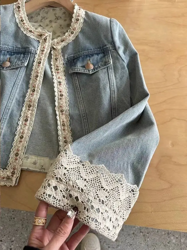 

Lace Patchwork Short Denim Jacket For Women Retro Slimming Long Sleeved O-Neck Outerwear Spring New Overcoat